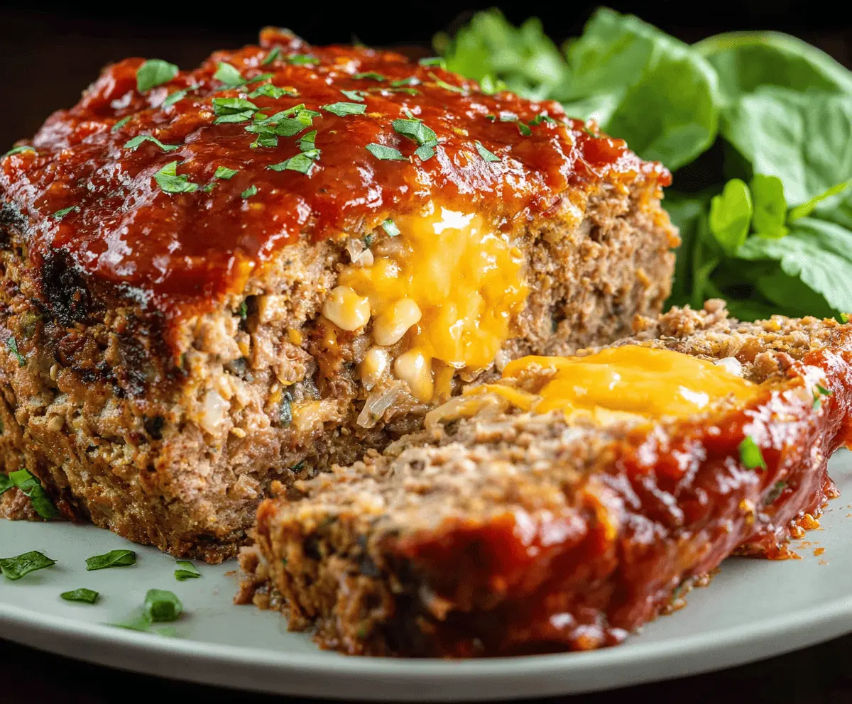 Delicious Mexican Meatloaf topped with fresh herbs and melted cheese, served on a rustic plate.