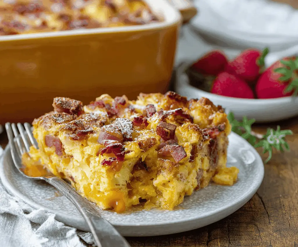 Delicious Monte Cristo Breakfast Casserole with melted cheese and golden bread layers in a baking dish.