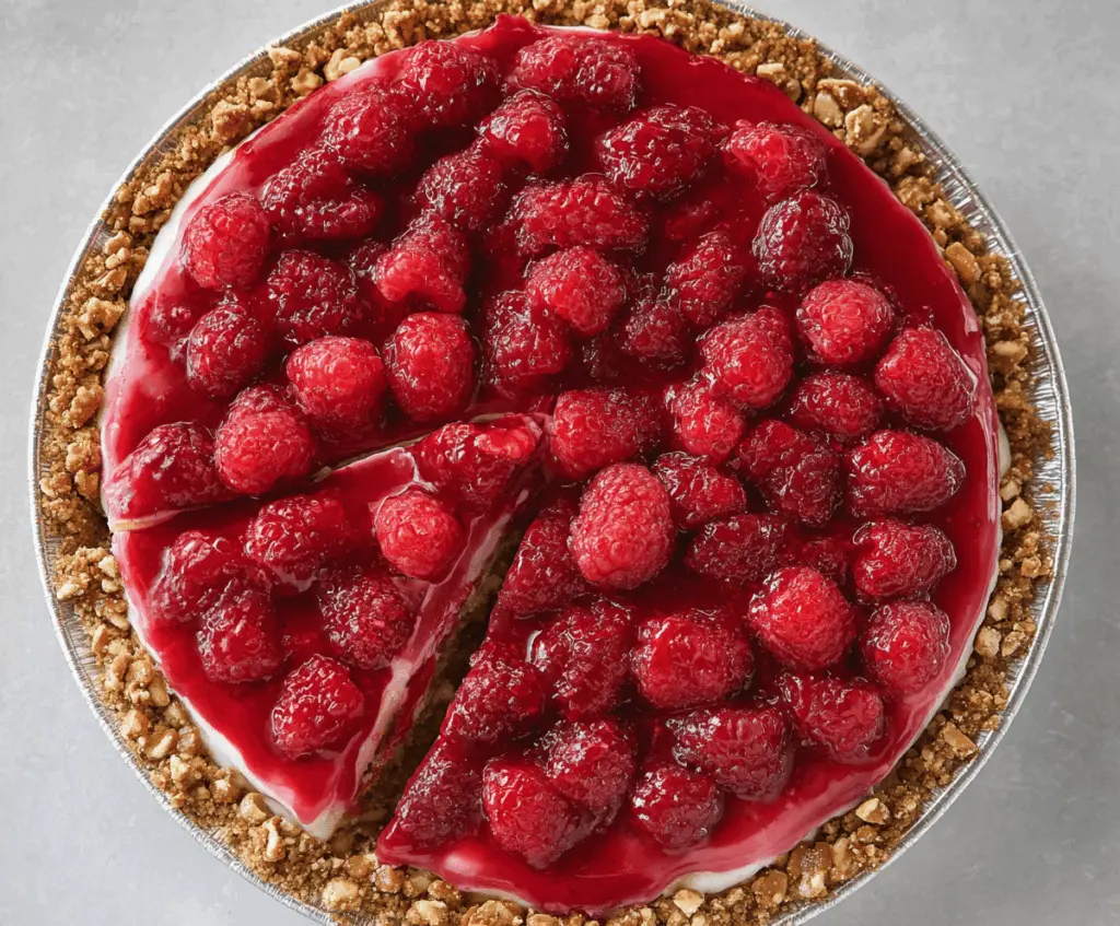Delicious no-bake raspberry pretzel pie garnished with fresh raspberries and whipped cream.