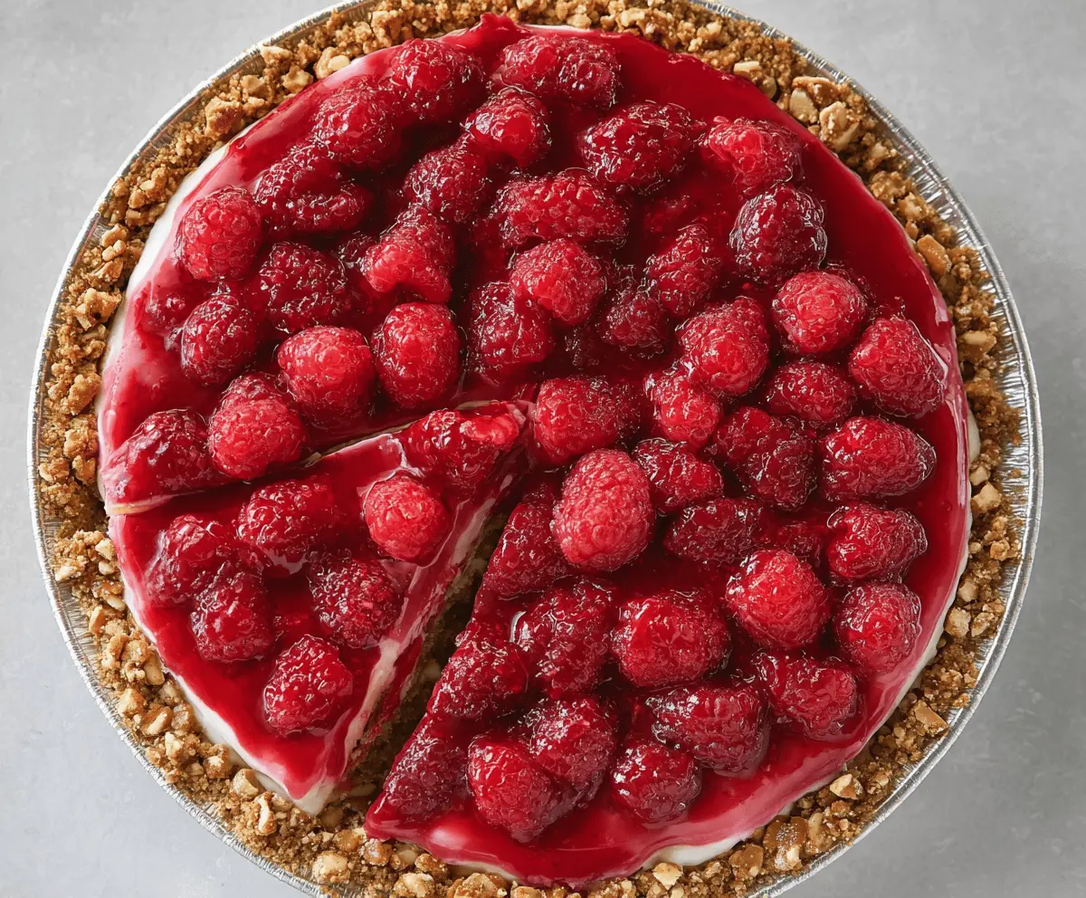 Delicious no-bake raspberry pretzel pie garnished with fresh raspberries and whipped cream.