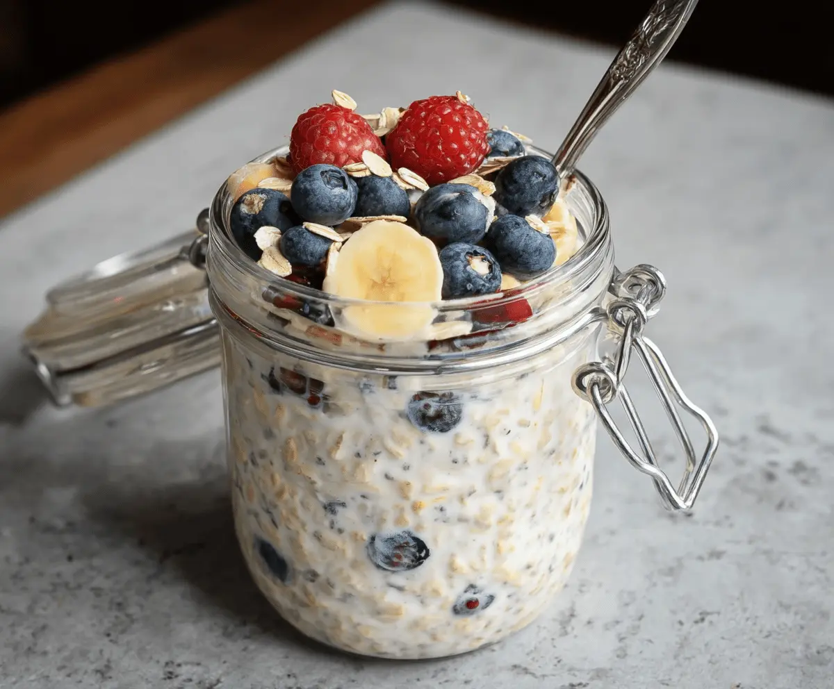 Healthy oat milk overnight oats in a glass jar with fresh fruit topping for a nutritious breakfast.