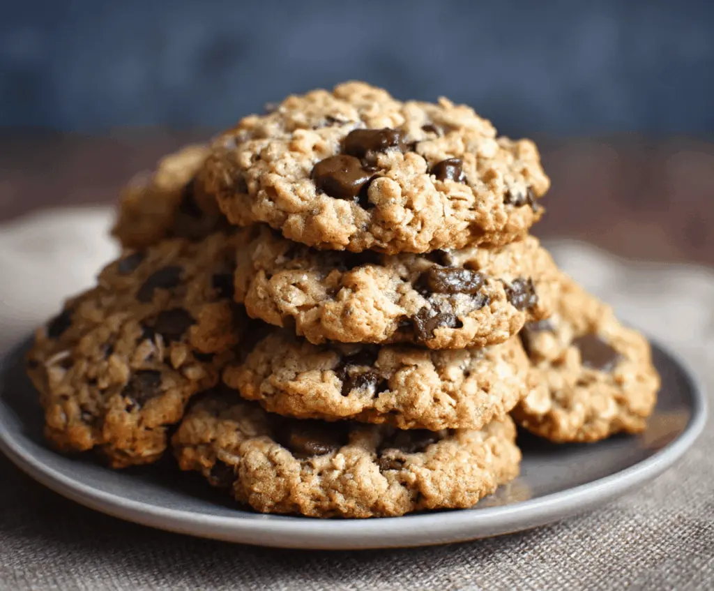 Homemade oatmeal chocolate chip cookies fresh out of the oven, perfect for snacking.