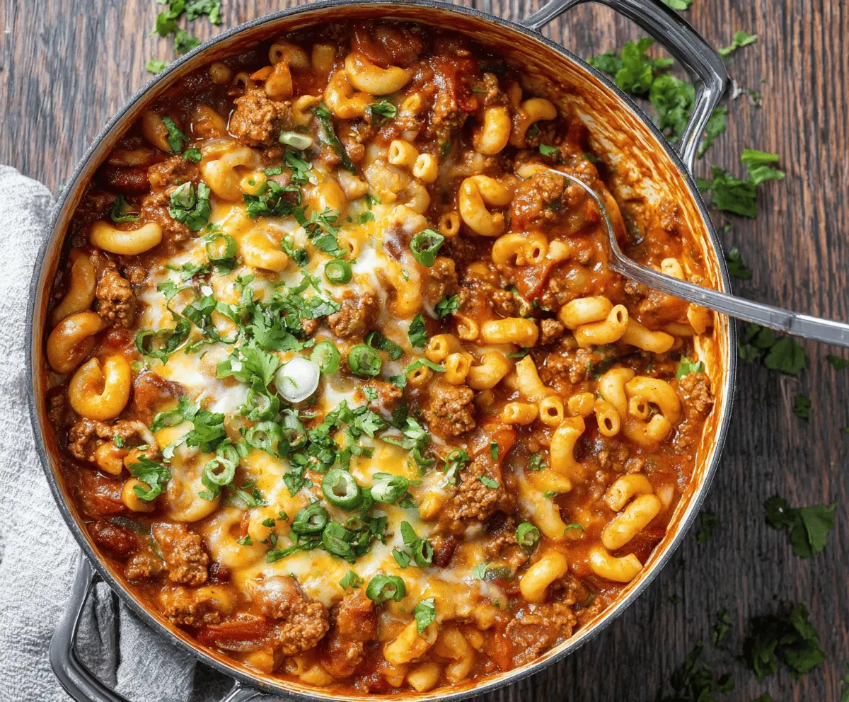 Delicious One Pot Chili Mac And Cheese served in a bowl, showcasing a creamy and cheesy pasta dish topped with chopped herbs.