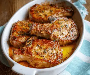 Juicy oven-baked pork chops with golden crust served on a plate