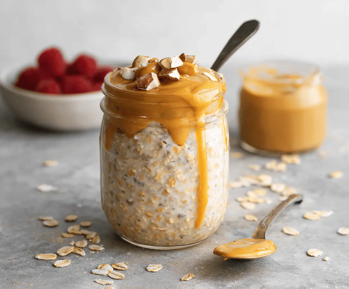 Creamy overnight oats with peanut butter in a glass jar, topped with fresh berries for a healthy breakfast.