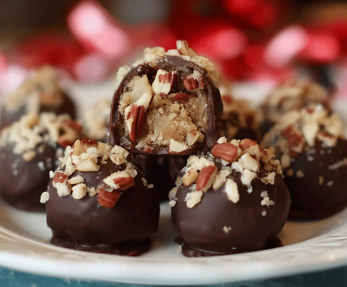 Delicious Pecan Pie Truffles with a rich chocolate coating and crunchy pecan pieces.