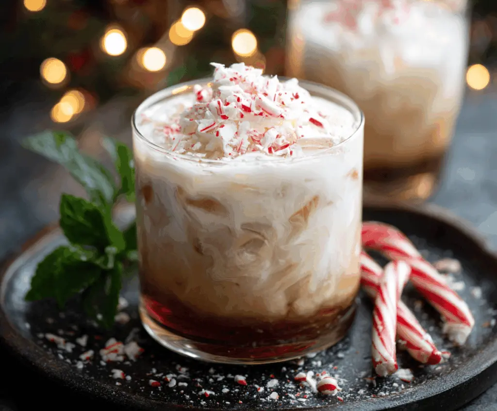 A refreshing Peppermint White Russian cocktail garnished with peppermint and whipped cream in a clear glass.