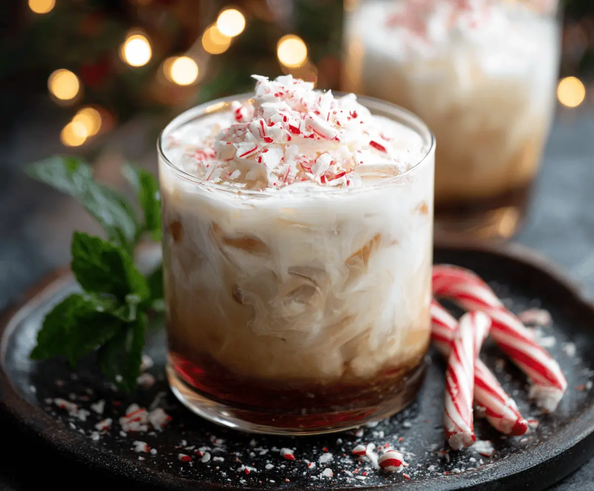 A refreshing Peppermint White Russian cocktail garnished with peppermint and whipped cream in a clear glass.
