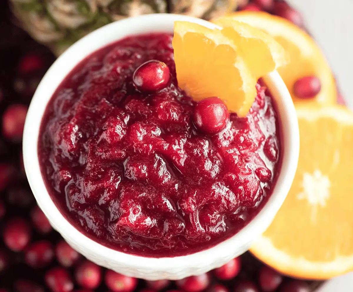 Vibrant Pineapple Cranberry Orange Sauce served in a bowl, highlighting its bright colors and fresh fruit ingredients.