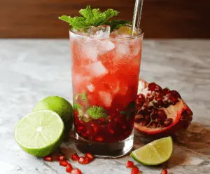 Refreshing Pomegranate Mojito cocktail garnished with fresh mint leaves and pomegranate seeds