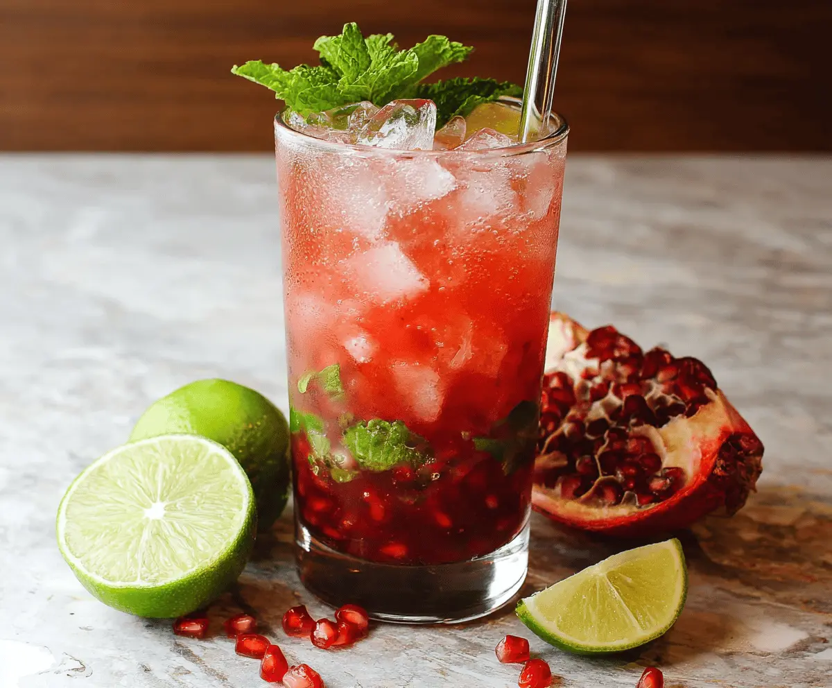 Refreshing Pomegranate Mojito cocktail garnished with fresh mint leaves and pomegranate seeds