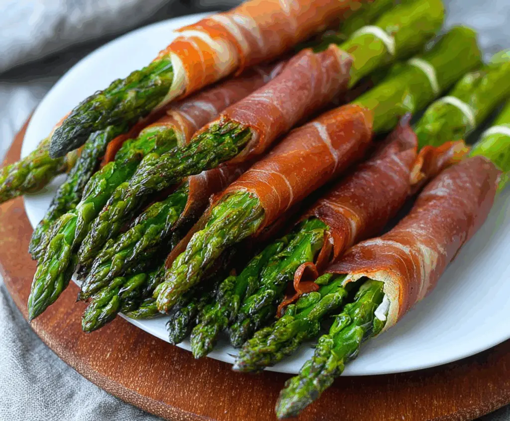 Delicious prosciutto-wrapped asparagus spears on a plate, perfect appetizer or party snack.