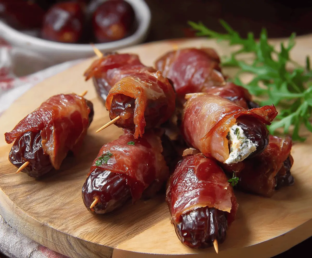 Delicious prosciutto-wrapped dates appetizer with a golden crust and a sweet interior.