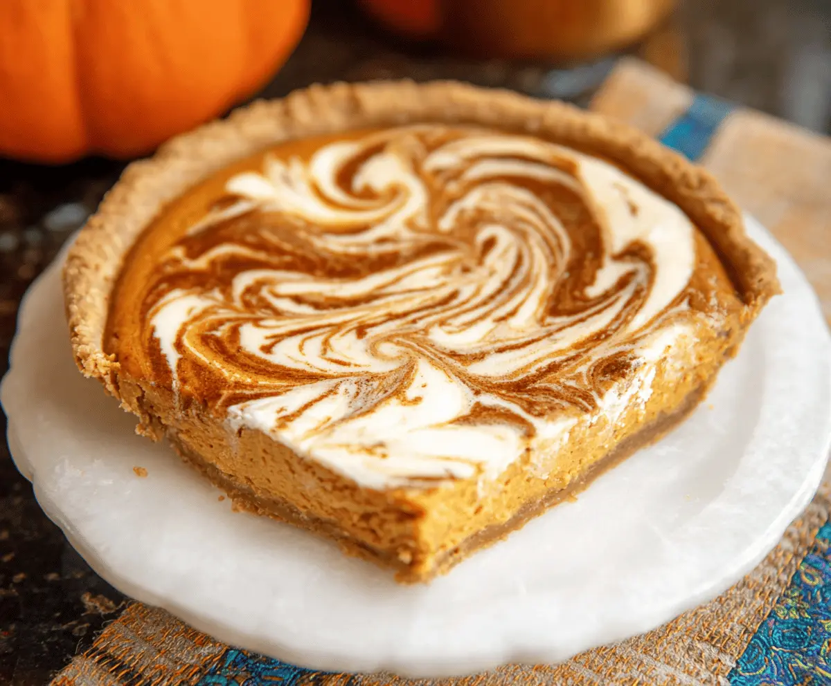 Creamy pumpkin cheesecake swirl pie with a graham cracker crust, perfect for fall desserts.