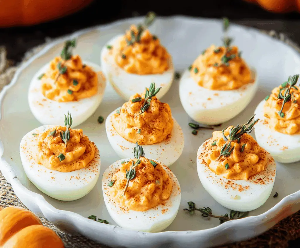 Creamy pumpkin deviled eggs garnished with herbs, perfect for fallsnacks and holiday parties.