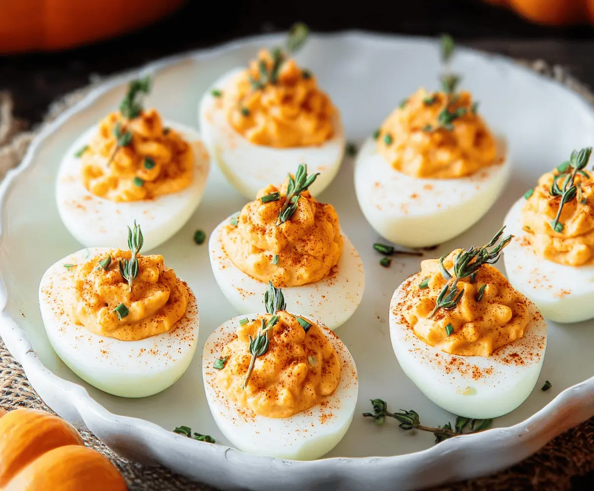 Creamy pumpkin deviled eggs garnished with herbs, perfect for fallsnacks and holiday parties.