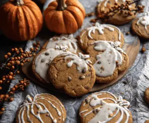 Delicious homemade pumpkin gingerbread cookies with festive spices on a holiday table.