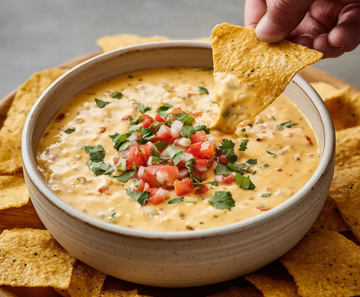 Creamy cheesy queso dip served with tortilla chips, perfect for parties and snacks.