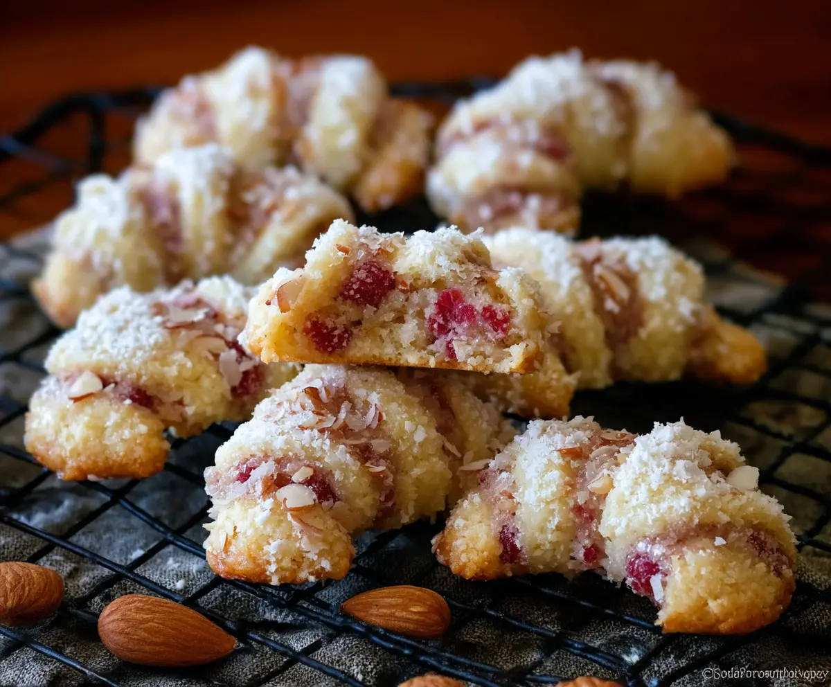 Delicious Raspberry Almond Crescent Cookies with a golden-brown crust and fresh raspberry filling.