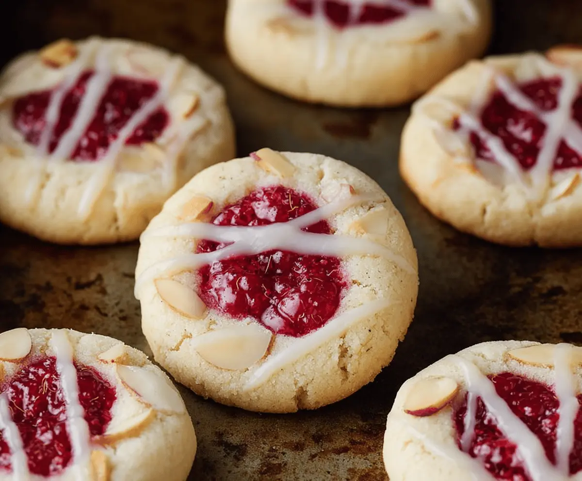 Delicious raspberry almond shortbread cookies arranged on a baking tray with fresh raspberries and almonds.