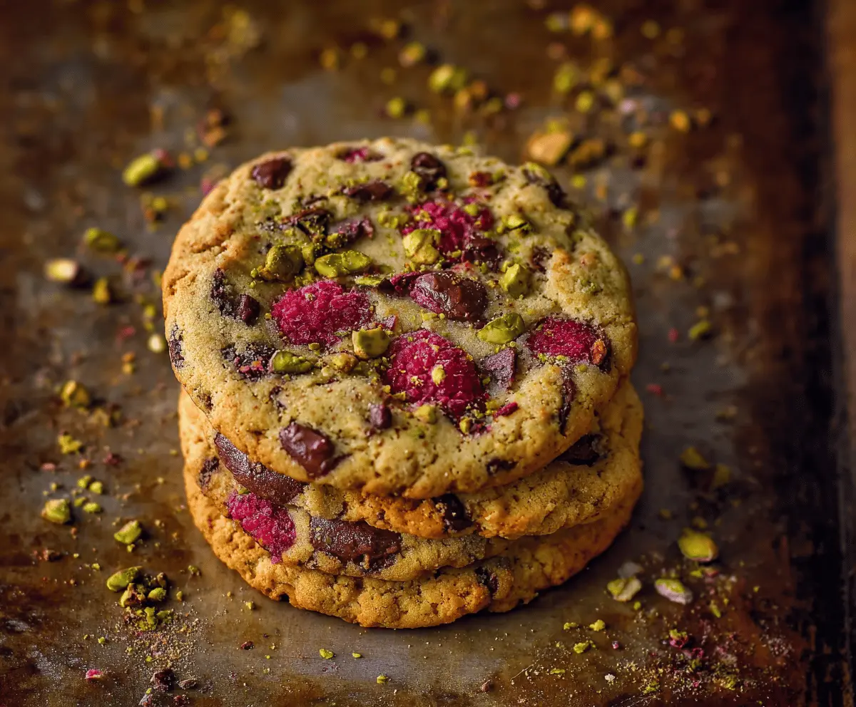 Delicious Raspberry and Pistachio Cookies on a white plate, showcasing vibrant red and green colors.