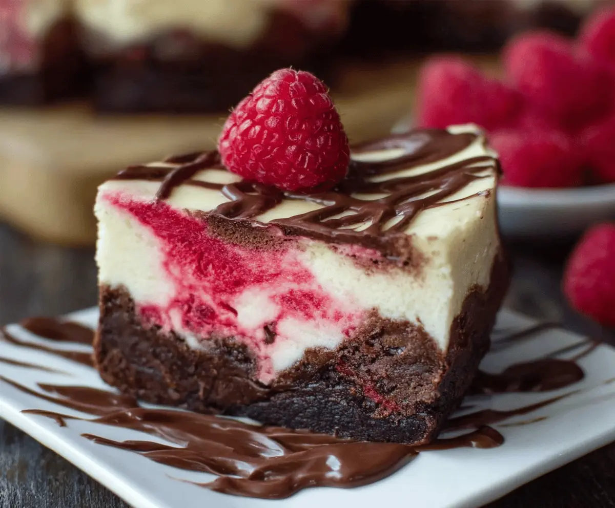 Delicious Raspberry Brownie Cheesecake with a chocolate crust and fresh raspberries on top.