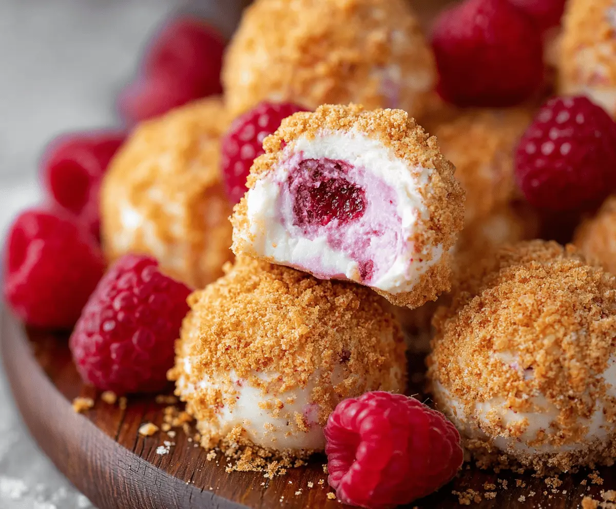 Delicious Raspberry Cheesecake Bites with creamy filling and fresh raspberries on top.