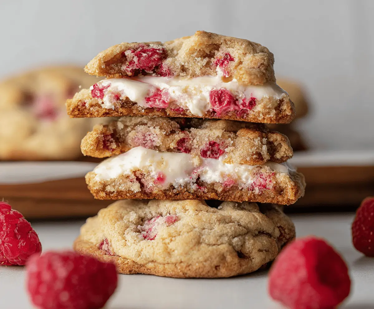 Delicious Raspberry Cheesecake Stuffed Cookies with fresh berries and creamy filling.