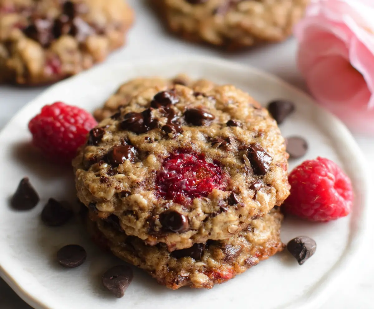 Delicious Raspberry Chocolate Oatmeal Cookies on a plate, showcasing their rich textures and vibrant colors.