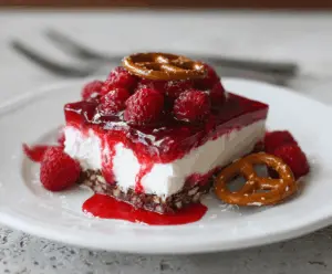 Delicious Raspberry Pretzel Dessert featuring a layered treat with fresh raspberries, pretzels, and creamy topping.