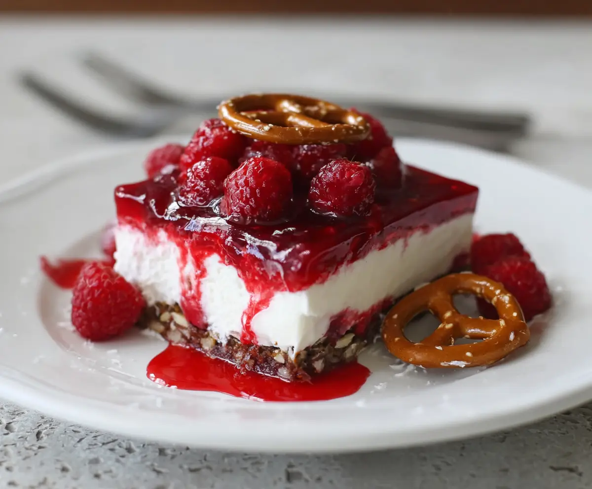 Delicious Raspberry Pretzel Dessert featuring a layered treat with fresh raspberries, pretzels, and creamy topping.