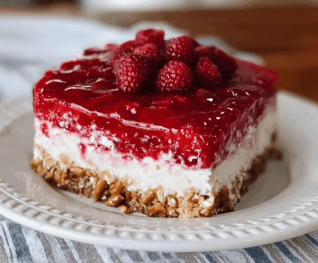 Delicious Raspberry Pretzel Salad Cake with fresh raspberries and a creamy topping.
