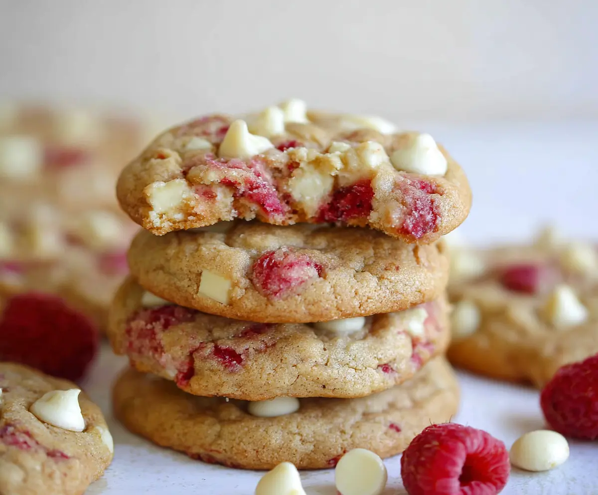 Delicious Raspberry White Chocolate Chip Cookies fresh out of the oven, showcasing vibrant raspberries and melted white chocolate.