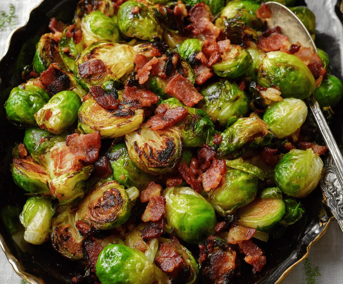 Delicious roasted Brussels sprouts with crispy bacon bits, perfect for a healthy side dish.