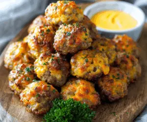Delicious sausage cheese balls on a platter, perfect for appetizers and parties.
