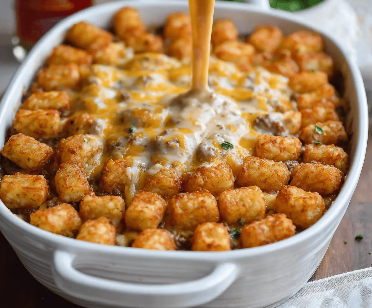 Delicious sausage gravy breakfast casserole topped with crispy tater tots, perfect for brunch.