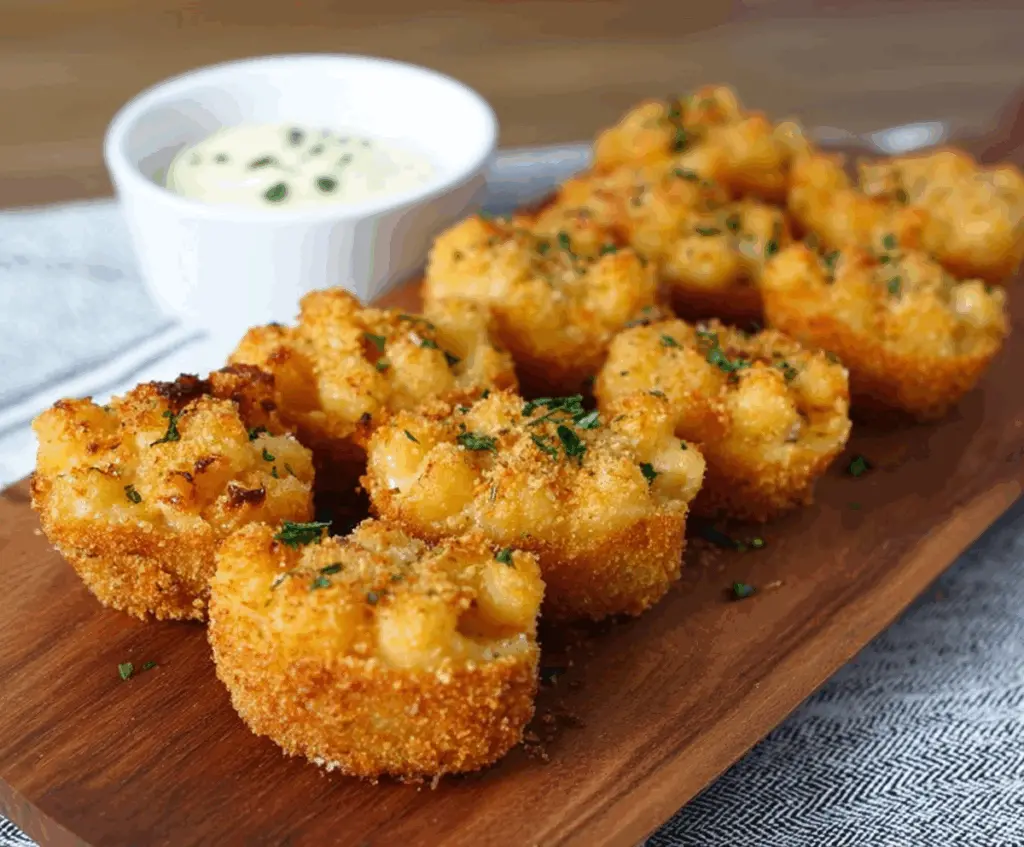 Delicious smoked Gouda mac and cheese bites served on a plate, perfect for snacking or parties.