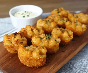 Delicious smoked Gouda mac and cheese bites served on a plate, perfect for snacking or parties.