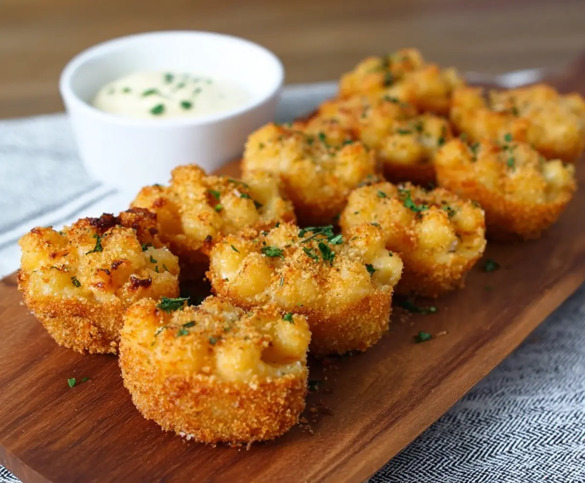 Delicious smoked Gouda mac and cheese bites served on a plate, perfect for snacking or parties.