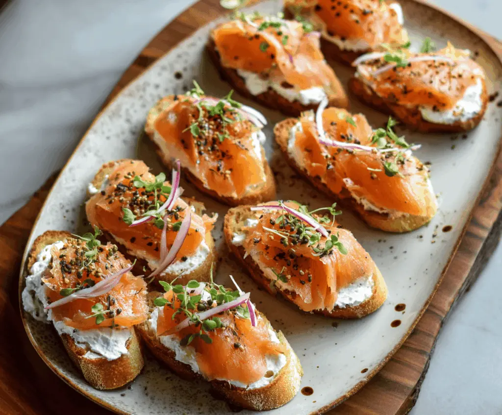 Delicious smoked salmon crostini with fresh herbs served on a wooden platter