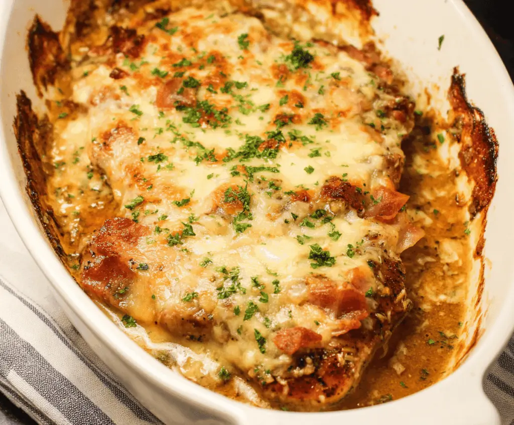 Delicious smothered pork chop casserole with gravy and cooked vegetables on a plate.