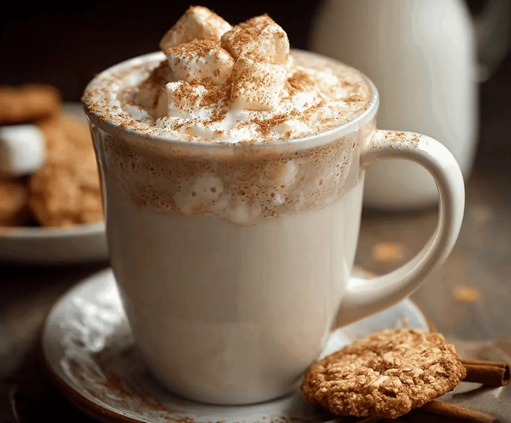 Creamy Snickerdoodle Hot Chocolate topped with cinnamon sugar and whipped cream.