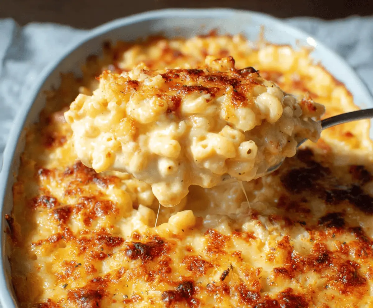 Creamy Southern Baked Mac and Cheese in a casserole dish, topped with melted cheese and golden breadcrumbs.