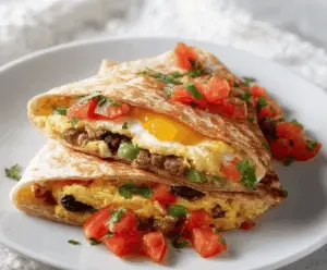 Delicious Southwest Breakfast Quesadilla slice filled with cheese, peppers, and eggs on a plate.
