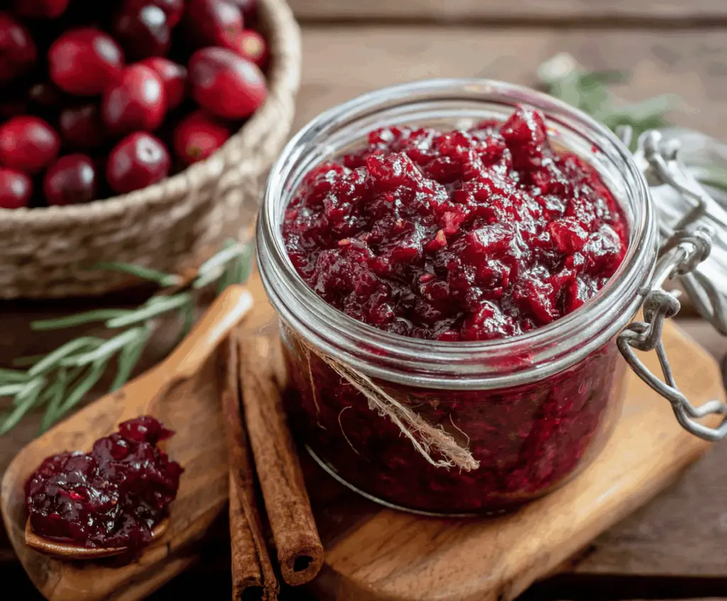 Vibrant bowl of Spicy Chipotle Cranberry Chutney with fresh cranberries and chili peppers.