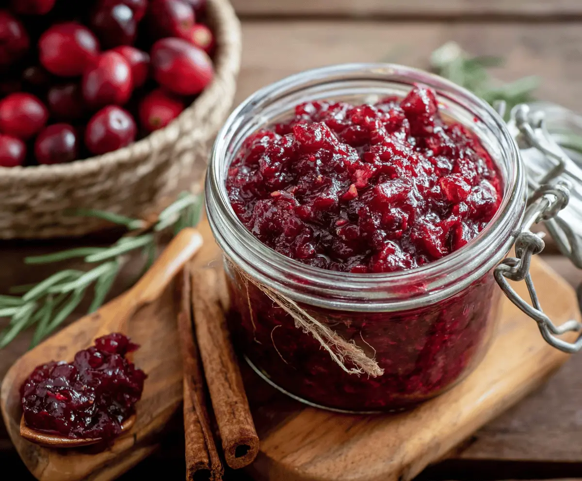 Vibrant bowl of Spicy Chipotle Cranberry Chutney with fresh cranberries and chili peppers.