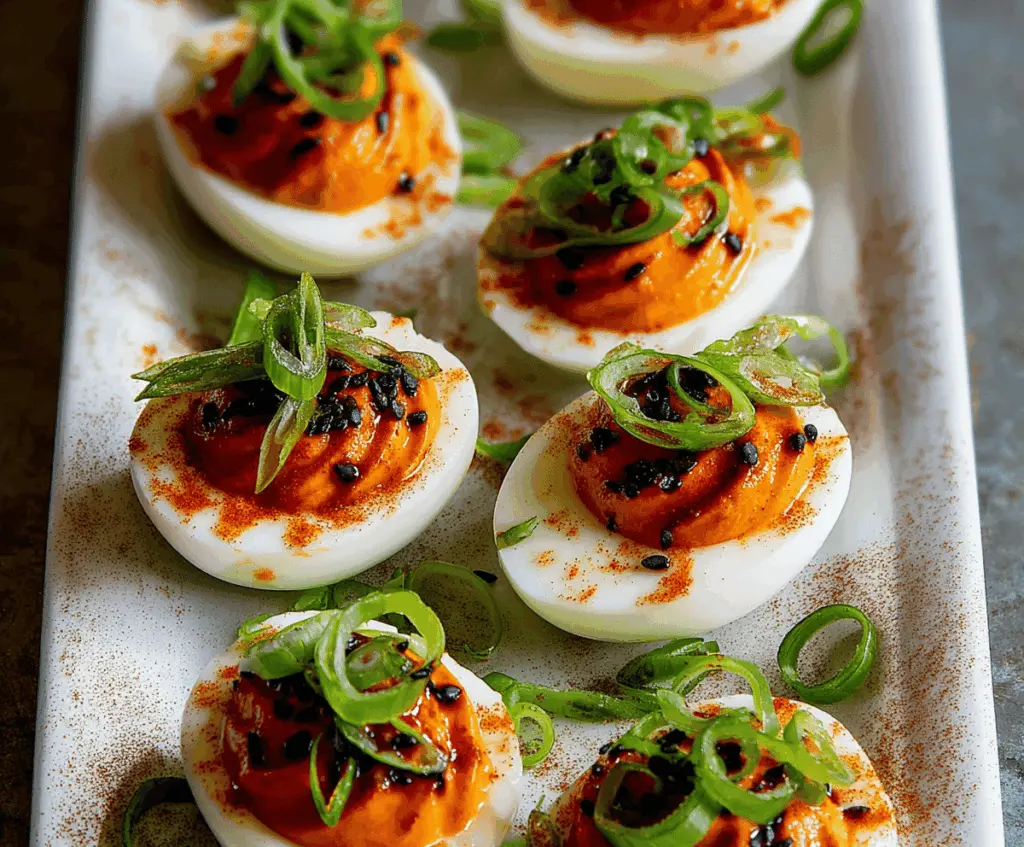 Brightly colored Spicy Gochujang Deviled Eggs garnished with sesame seeds and green onions on a white plate.