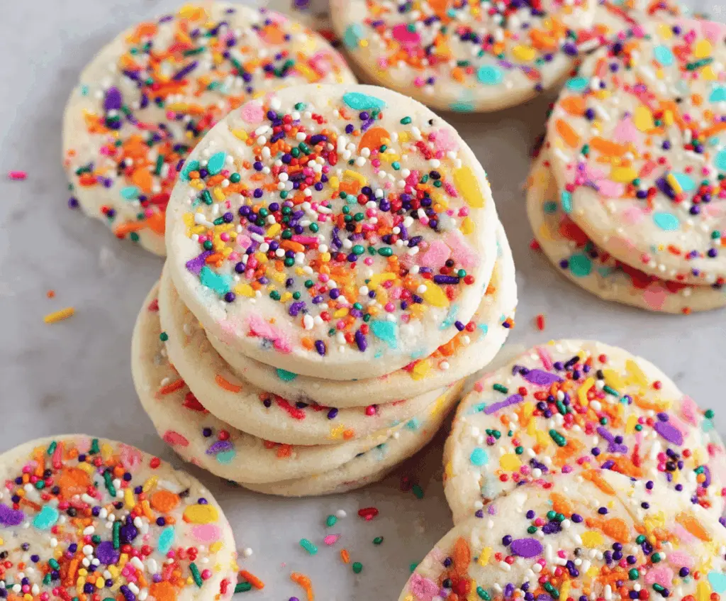 Delicious sprinkle sugar cookies garnished with colorful sprinkles on a baking sheet.