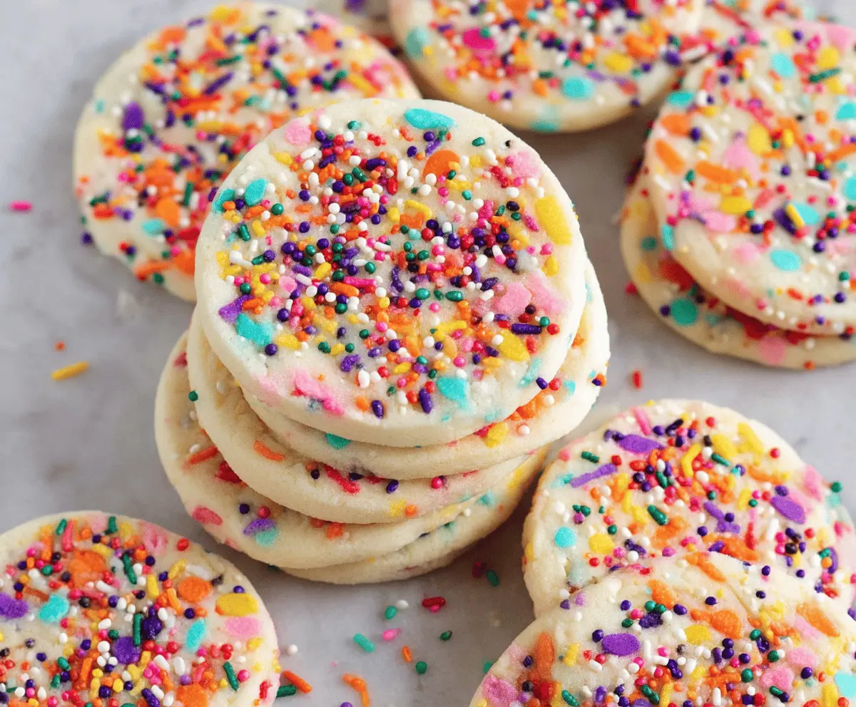 Delicious sprinkle sugar cookies garnished with colorful sprinkles on a baking sheet.