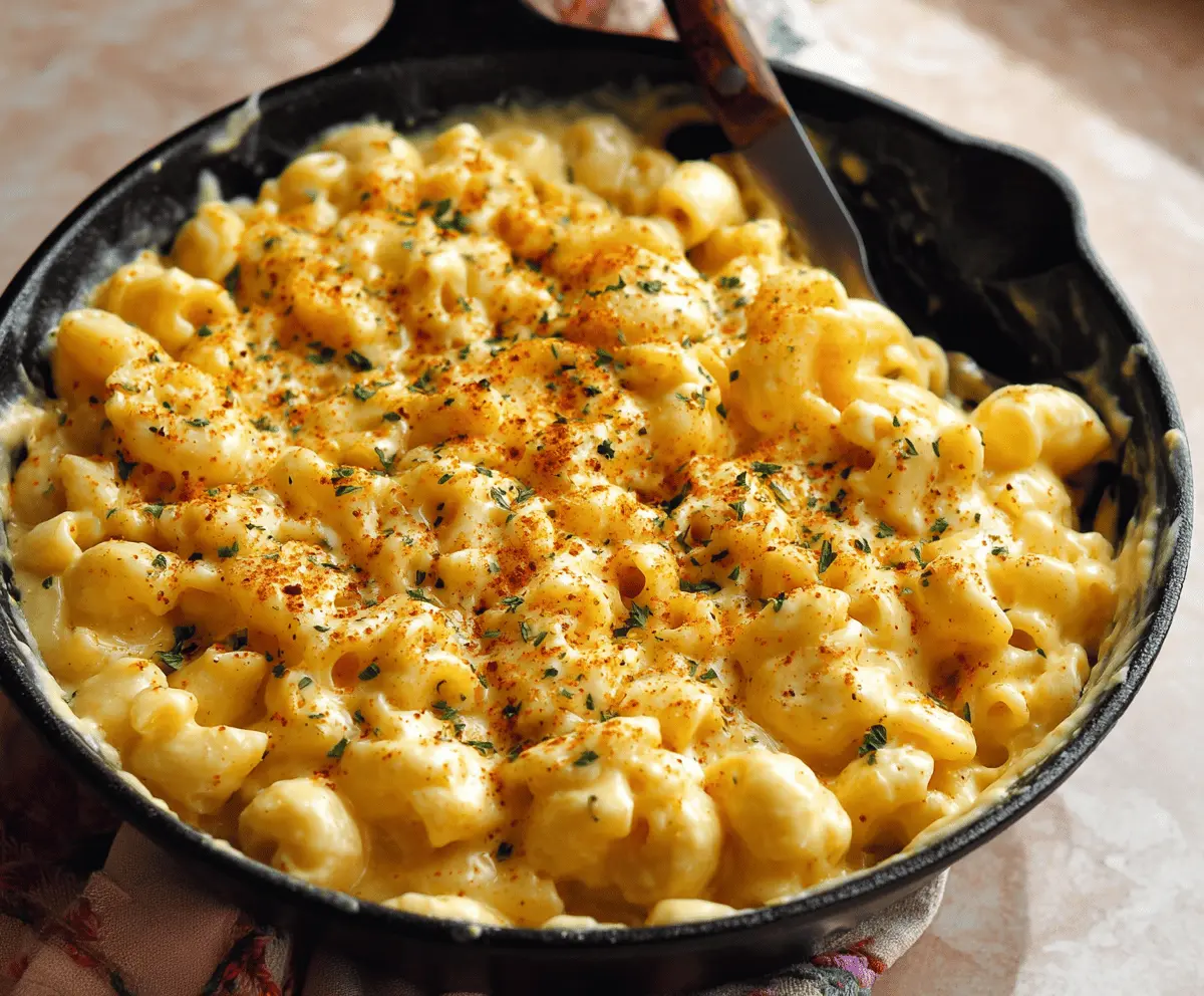 Creamy stovetop mac and cheese served in a rustic bowl, topped with shredded cheese and fresh herbs.